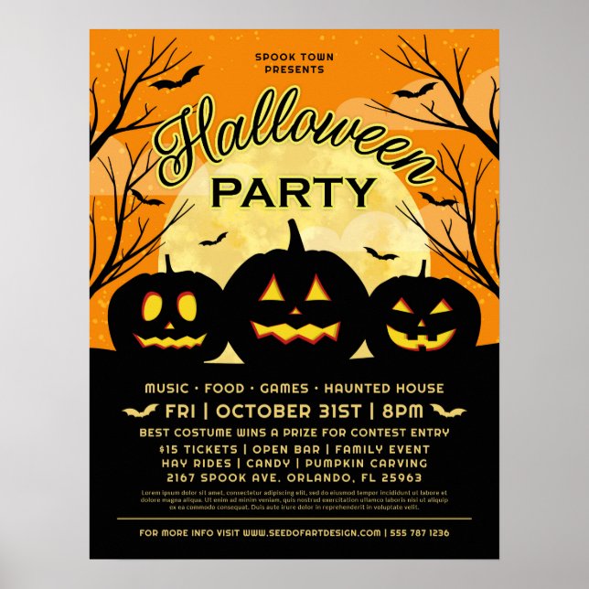 Orange Halloween Party Black Pumpkins Event Poster (Front)