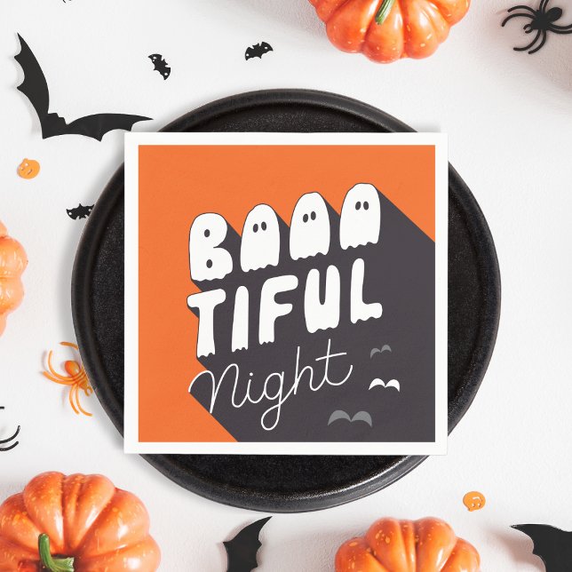 Orange Halloween Party Paper Napkin (Boo-tiful night, Cute Halloween Party Napkin)