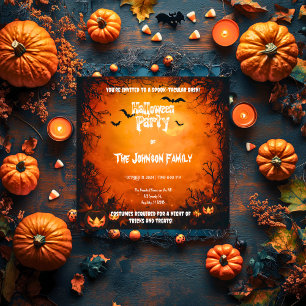 Orange Halloween Party with Pumpkins and Bats Invitation