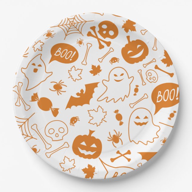 Orange Halloween Pattern Happy Halloween Art Paper Plate (Front)