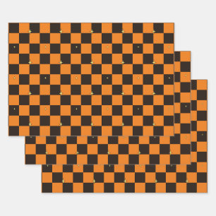 Orange Halloween Plaid Stars Gift Wrap Sheets