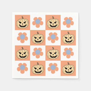 Orange Halloween Pumpkin and Daisy Checkerboard Napkin