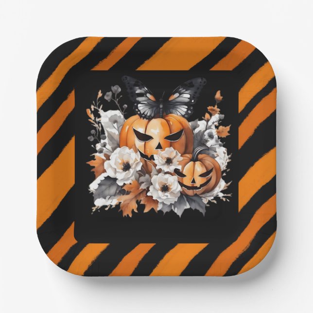 Orange Halloween Pumpkin Floral Paper Plate (Front)