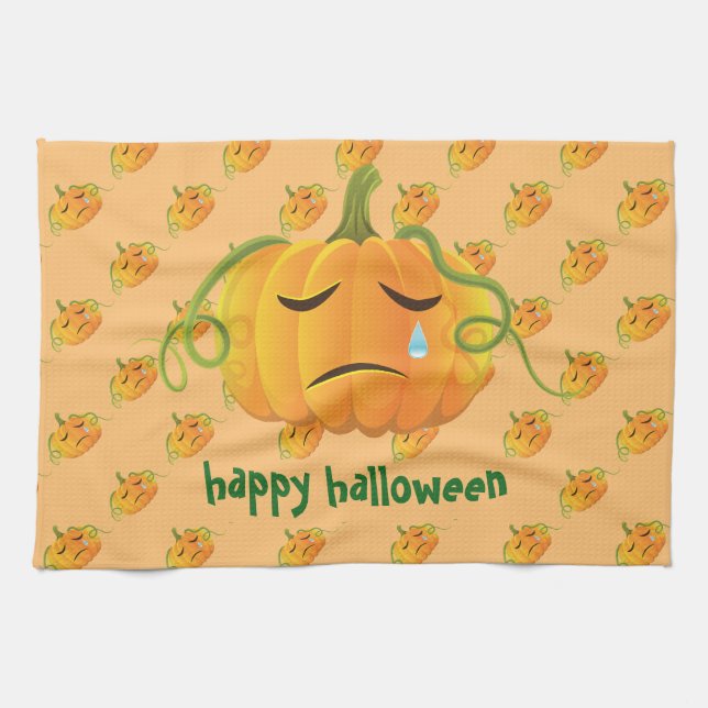 Orange Halloween Pumpkin Sad Seamless Pattern Tea Towel (Horizontal)