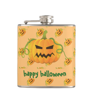 Orange Halloween Pumpkin Seamless Pattern Hip Flask