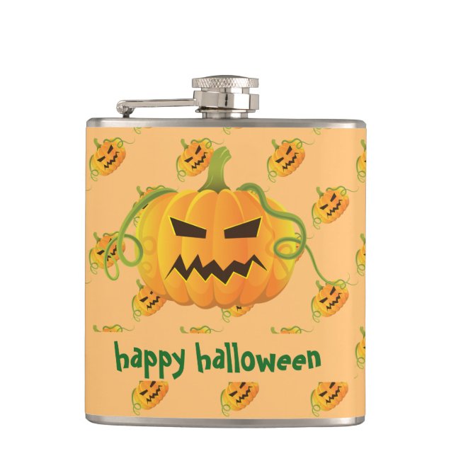 Orange Halloween Pumpkin Seamless Pattern Hip Flask (Front)
