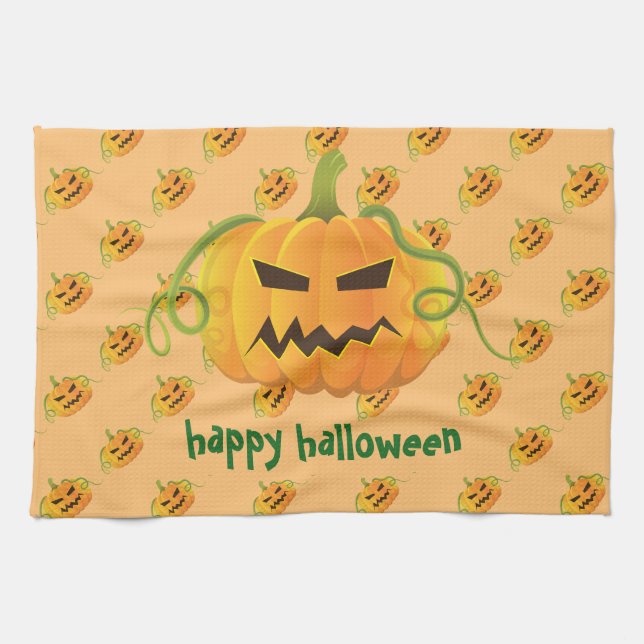 Orange Halloween Pumpkin Seamless Pattern Tea Towel (Horizontal)