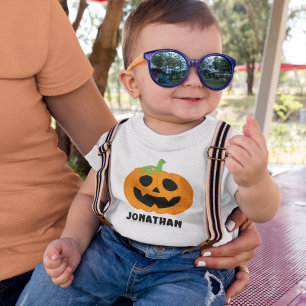 Orange Halloween Pumpkin with Name Baby T-Shirt