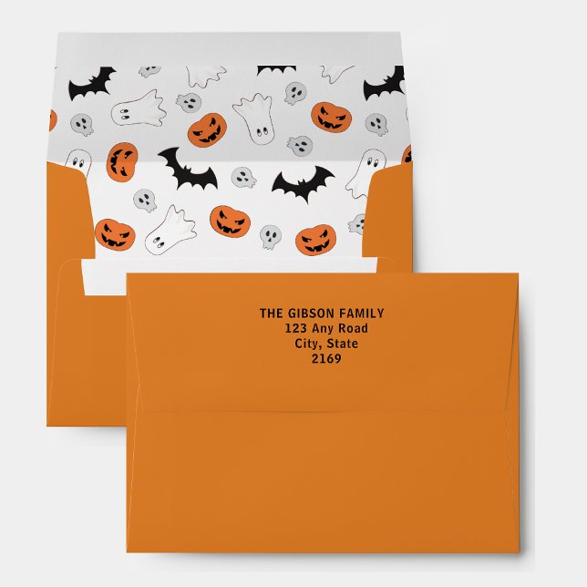 Orange Halloween Return Address Envelope (Orange Return Address Halloween envelope featuring bats, pumpkins and ghosts.)