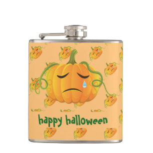 Orange Halloween Sad Pumpkin Seamless Pattern Hip Flask