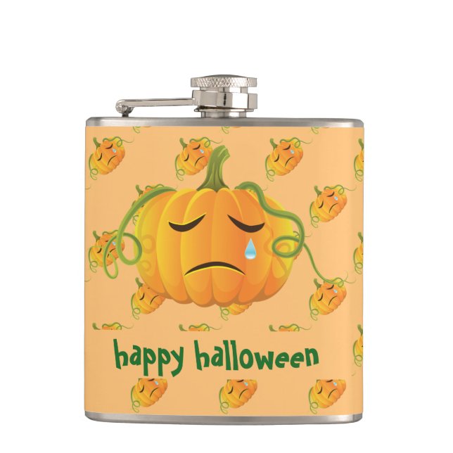 Orange Halloween Sad Pumpkin Seamless Pattern Hip Flask (Front)