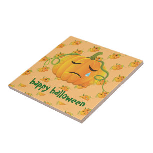 Orange Halloween Sad Pumpkin Seamless Pattern Tile