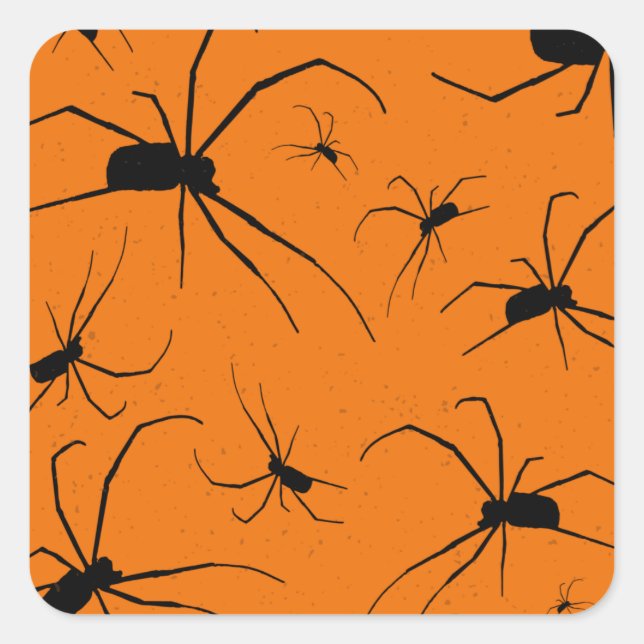 Orange Halloween Spiders Pattern, Black Spider Square Sticker (Front)
