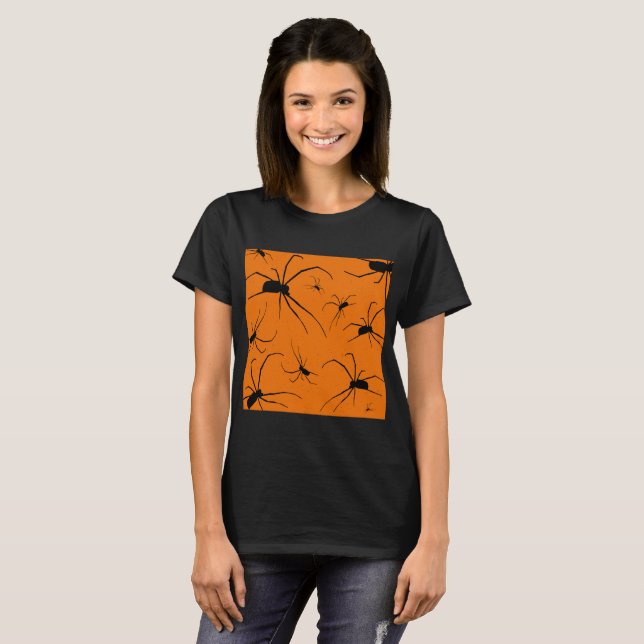 Orange Halloween Spiders Pattern, Black Spider T-S T-Shirt (Front Full)