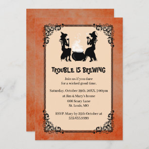 Orange Halloween Witch Trouble Is Brewing Party Invitation