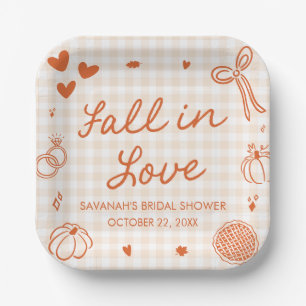 Orange Hand Drawn Fall in Love Bridal Shower Paper Plate