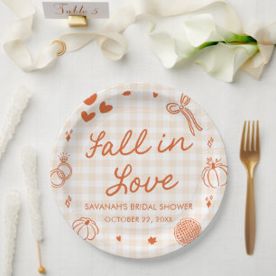 Orange Hand Drawn Fall in Love Bridal Shower Paper Plate
