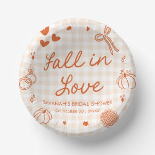 Orange Hand Drawn Fall in Love Bridal Shower Paper Plate