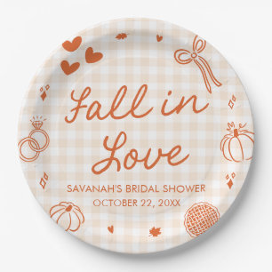Orange Hand Drawn Fall in Love Bridal Shower Paper Plate