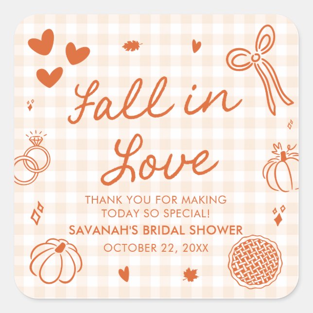Orange Hand Drawn Fall in Love Bridal Shower Square Sticker (Front)