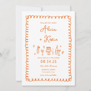Orange Hand Drawn French Fun Wedding Invitations