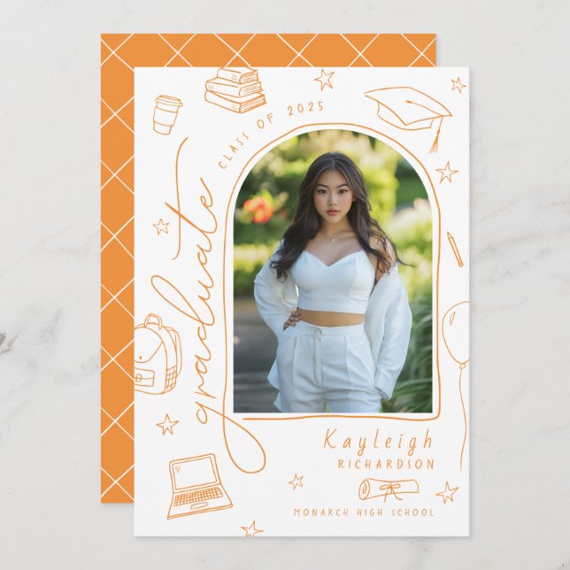 Orange Hand Drawn Photo Graduation Announcement (Front/Back)