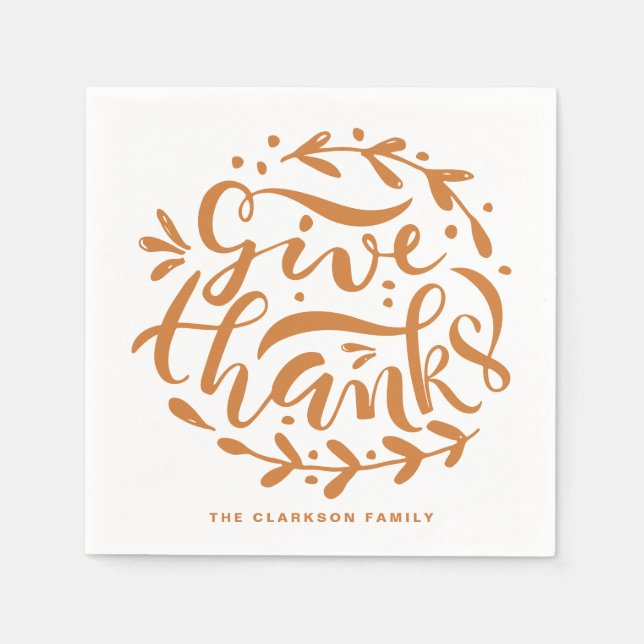 Orange Hand Lettered Give Thanks Thanksgiving Napkin (Front)