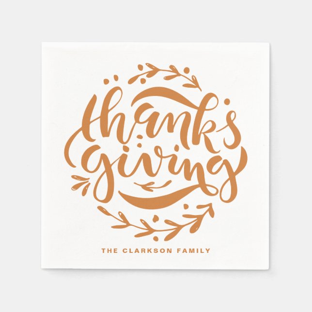 Orange Hand Lettered Thanksgiving Wreath Napkin (Front)