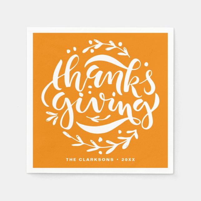 Orange Hand Lettered Thanksgiving Wreath Napkin (Front)