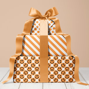 Orange Happy Face Stripes and Polka Dot Wrapping Paper Sheet