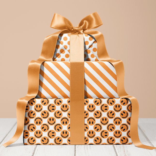 Orange Happy Face Stripes and Polka Dot Wrapping Paper Sheet (Creator Uploaded)