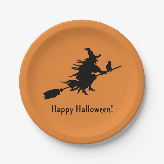 Orange Happy Halloween 2018 Black Witch Silhouette Paper Plate (Front)