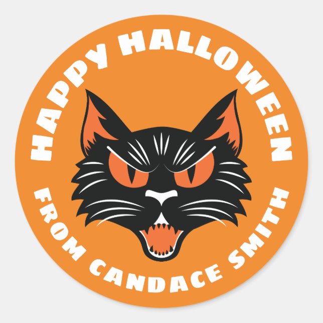 Orange Happy Halloween Black Cat Personalised Classic Round Sticker (Front)