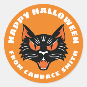 Orange Happy Halloween Black Cat Personalised Classic Round Sticker