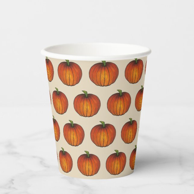 Orange Harvest Pumpkin Halloween Thanksgiving Fall Paper Cups (Front)