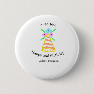 Orange hat 2nd birthday kids retro floral bright b 6 cm round badge