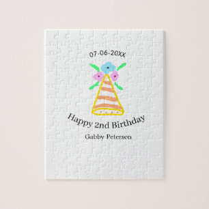 Orange hat 2nd birthday kids retro floral bright b jigsaw puzzle