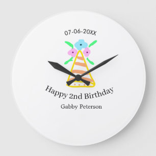 Orange hat 2nd birthday kids retro floral bright b large clock