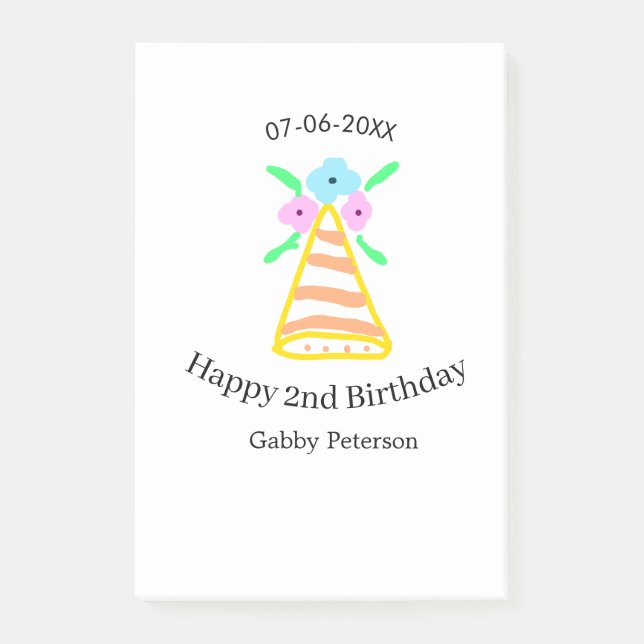 Orange hat 2nd birthday kids retro floral bright b post-it notes (Front)