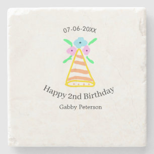 Orange hat 2nd birthday kids retro floral bright b stone coaster