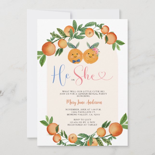 Orange He or She Greenery Floral Gender Reveal Invitation (Front)