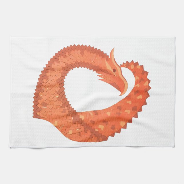 Orange heart dragon on white tea towel (Horizontal)