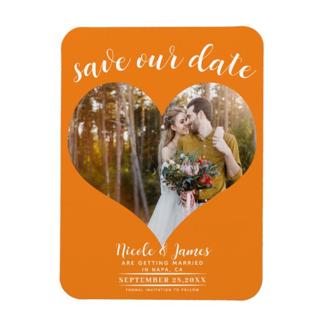 Orange Heart Photo Wedding Save the Date Magnet (Vertical)