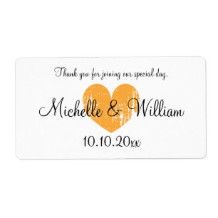 Orange heart wedding wine or water bottle labels