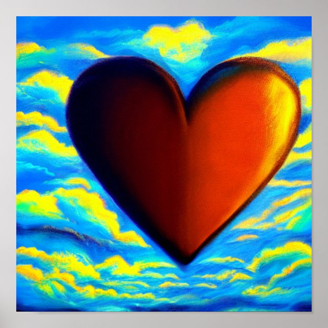 Orange Heart with Blue and Gold Clouds Poster (Front)