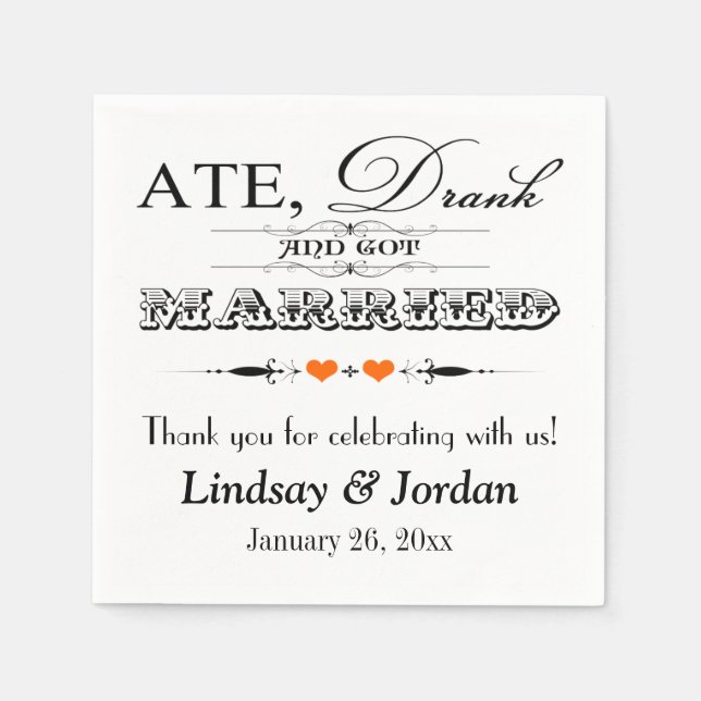 Orange Hearts and Scrolls Wedding Napkins (Front)