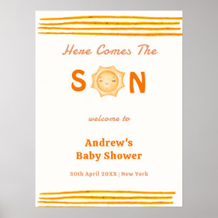 Orange Here Comes The Son Baby Shower Welcome Poster