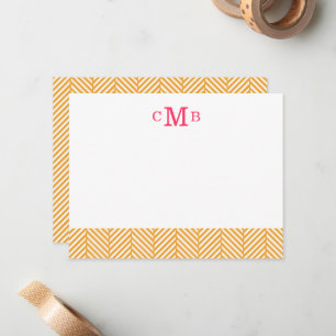 Orange Herringbone Custom Monogram Stationery Note Card