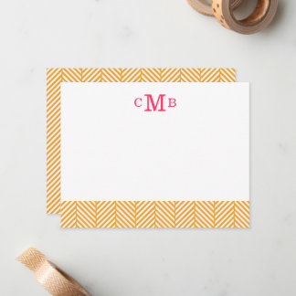 Orange Herringbone Custom Monogram Stationery Note Card