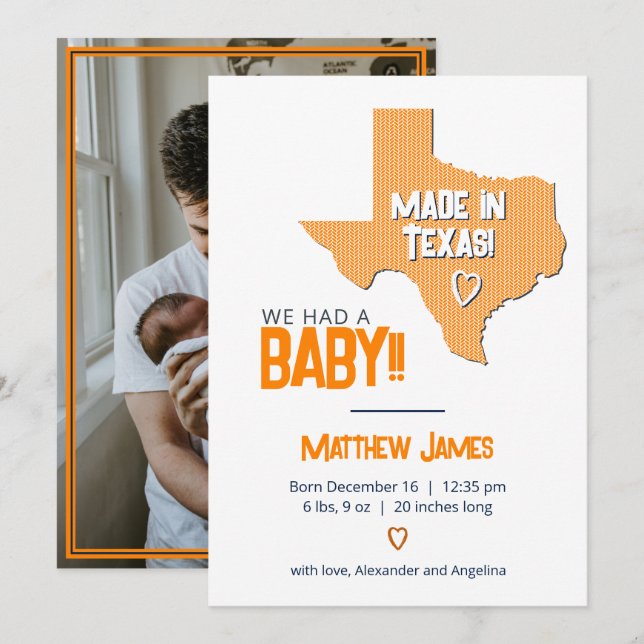 Orange Herringbone Made in Texas Photo Baby Announcement (Front/Back)